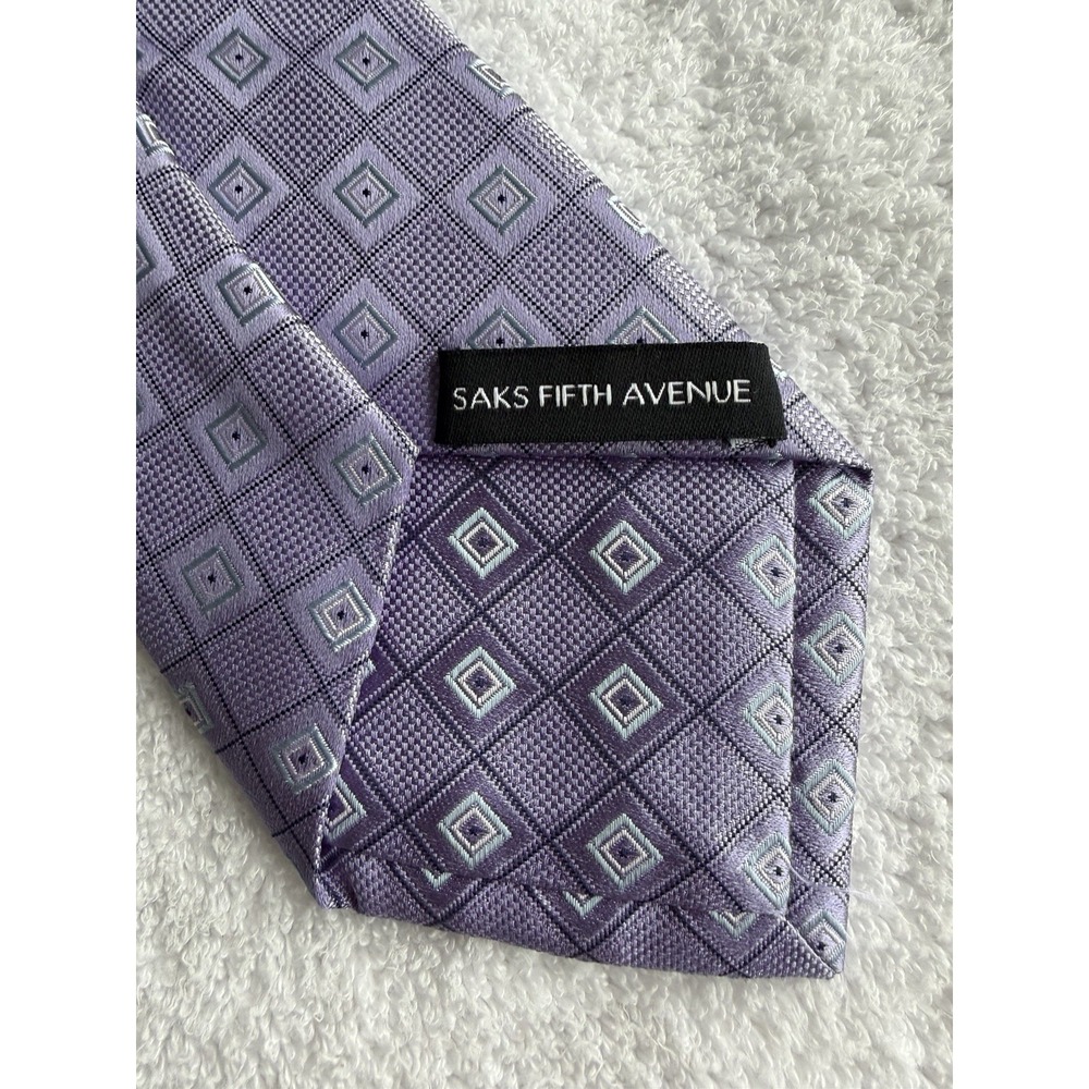 Saks Fifth Avenue Purple Square Geometric Woven Motif Jacquard Silk Tie Necktie